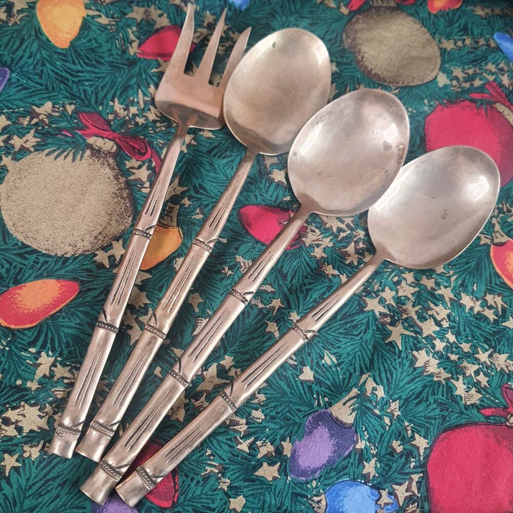 VTG 70’s Lot Of 4 Nickel Bronze Serving Spoon Carving Fork Faux Bamboo Serveware